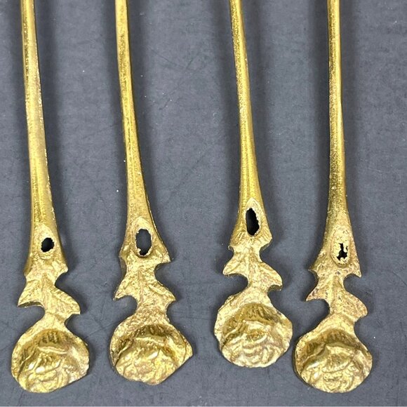 Brass Demitasse Coffee Spoon Dessert Salad Fork Gold Tone Rose Handle Set 4 VTG - Picture 6 of 13